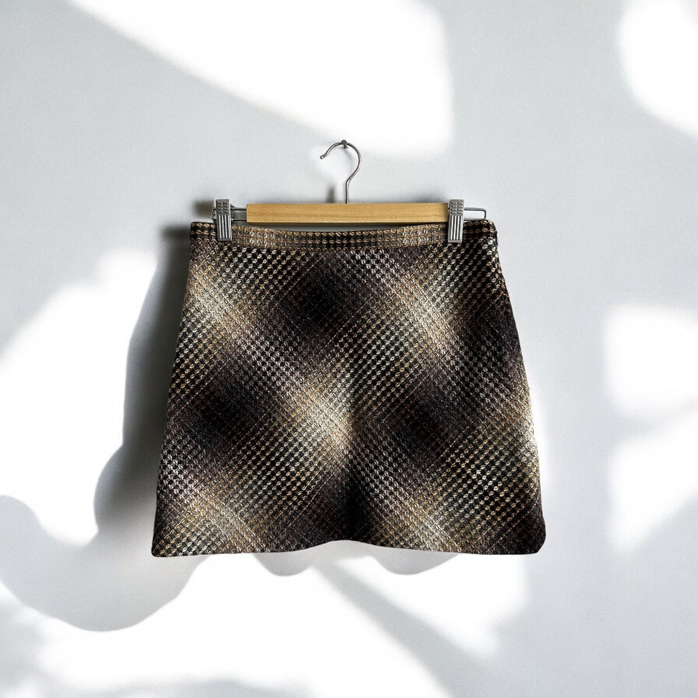 BCBG Max Azria Brown Ombre Plaid Tweed "Sidney" A-Line Skirt, Size 4